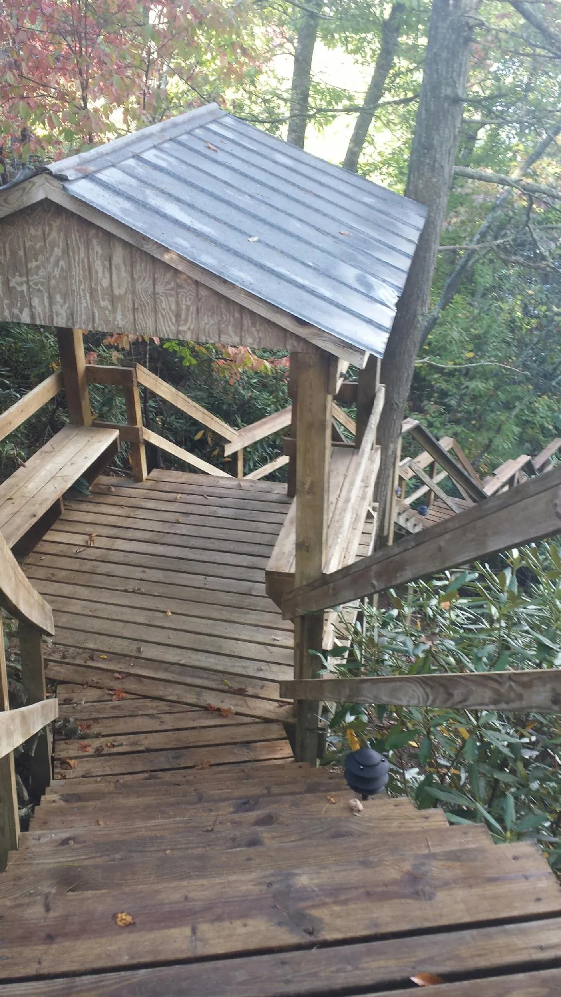 Metal roofed shelter over wooden steps on a wooded walkway — Skylight Repair & Installation work by our crew in Bonifay